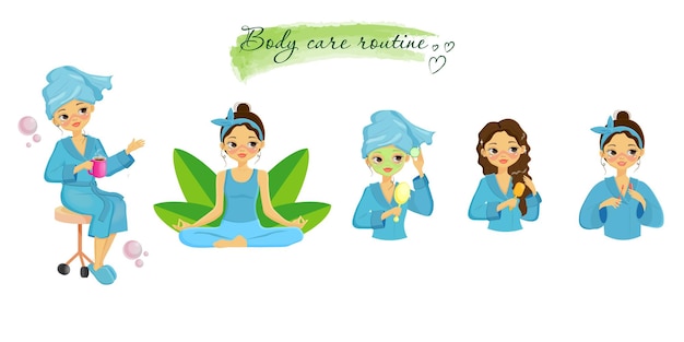 A set of illustrations with body and skin care routine