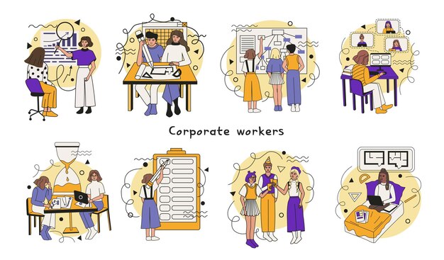 Set of illustrations with corporate workers vector