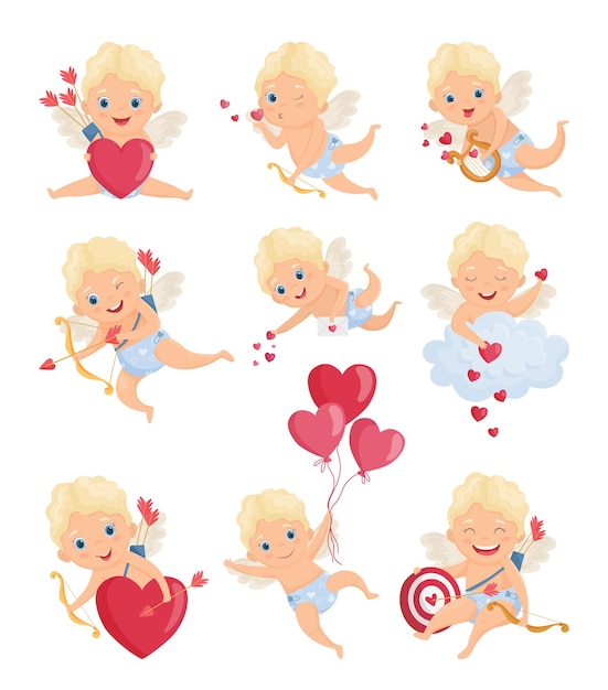 Vector set of illustrations with cute cartoon cupids. st. valentine's day.