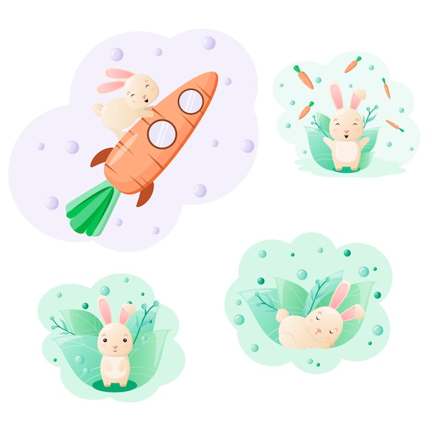 A set of illustrations with cute rabbits cartoon design