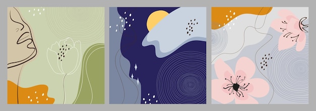 장식 요소가 있는 삽화 세트 꽃의 손으로 추상 그림 여성 얼굴 밤하늘 엽서 포스터 소셜 미디어 스토리 designx9