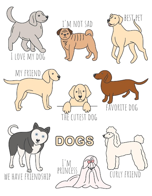 Set of illustrations with dogs and inscriptions collection of cute love stickers for dogs domestic