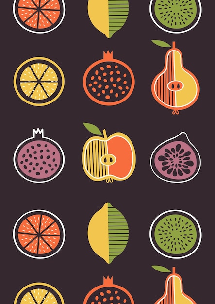 Set of illustrations with fresh fruits. Clip arts of lemon, pear, apple, fig, pomegranate, orange