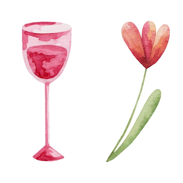 A set of illustrations with a glass and a flower