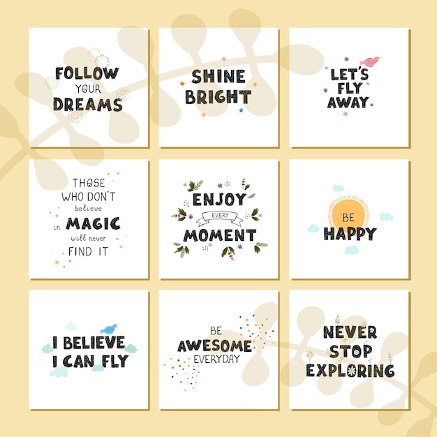 Set of illustrations with hand drawn lettering  Follow your dreams Colorful typography design