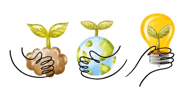 set of illustrations with hands holding planet earth with leaf