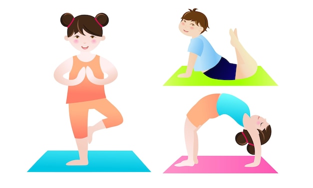 Set of illustrations with kids doing yoga in different poses