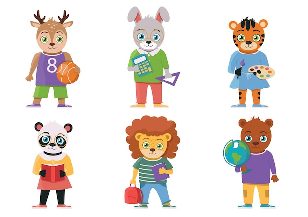 A set of illustrations with schoolchildren, where boys and girls stand with different school subject