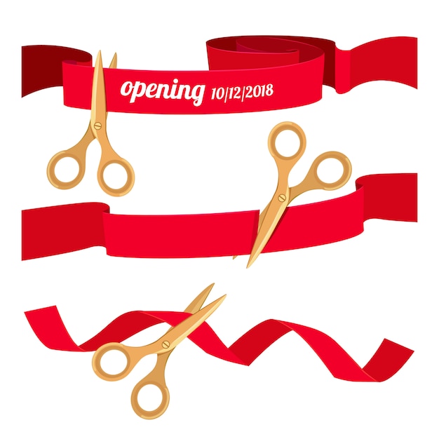 Vector set illustrations with scissors cutting red ribbons. ceremony grand open, beginning and start vector