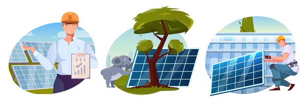 Serie di illustrazioni con fattoria solare e dipendenti