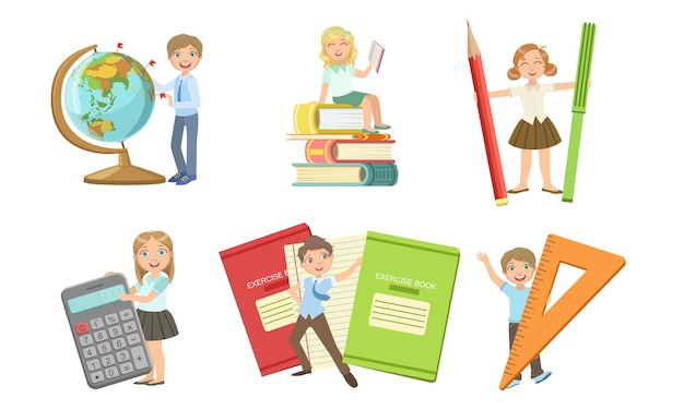 Set of images of children with huge school supplies vector illustration