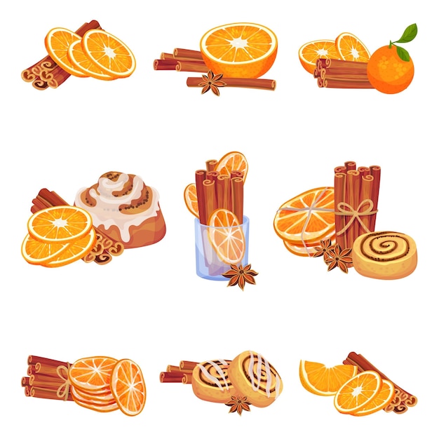 Set of images of cinnamon sticks with slices of oranges Vector illustration on white background