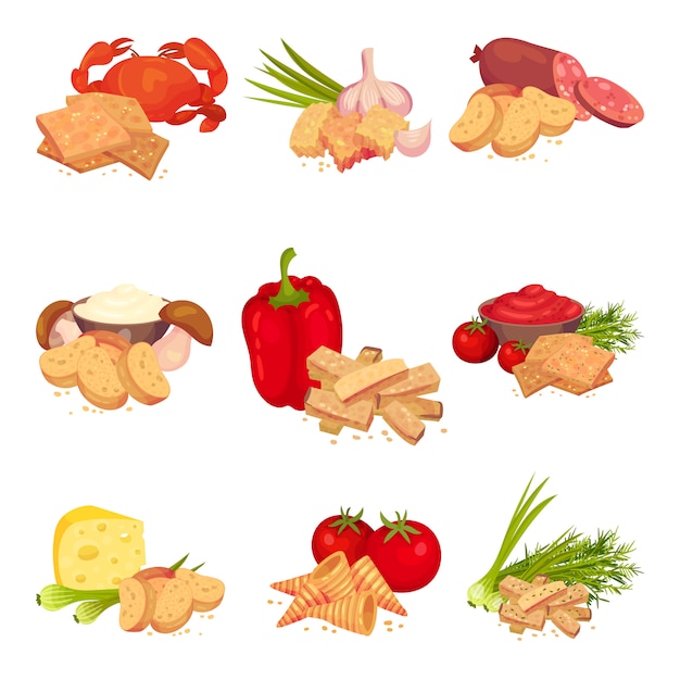 Set of images of croutons slices with different products. pepper, crab, garlic, salami, mushroom, cheese, tomato.