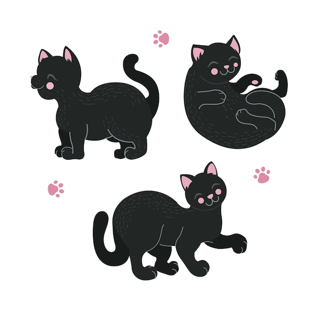 Набор изображений милой черной кошки в различных позах, играющих котят на белом фоне