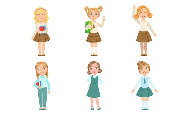 set of images of girls in different school uniforms vector illustration