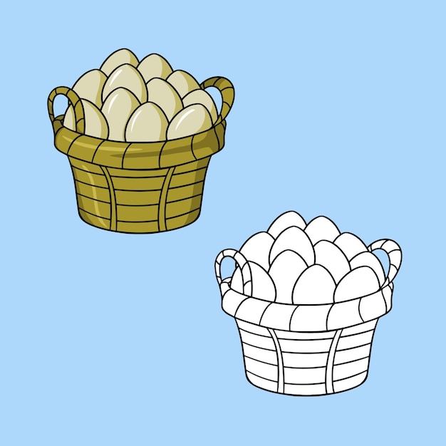 A set of images a large brown basket with chicken eggs vector cartoon