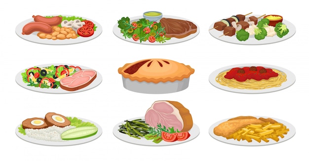 Set of images of ready meals. Pirg, pasta, meatballs, chop, bacon, ham. Vector illustration