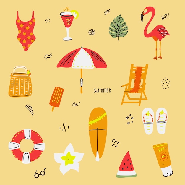 a set of images of summer beach in bright colors for printing design advertising with flamingos