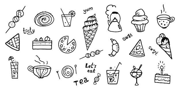 Set of images - sweets, hot and cold drinks. Isolated vector drawings. let's eat