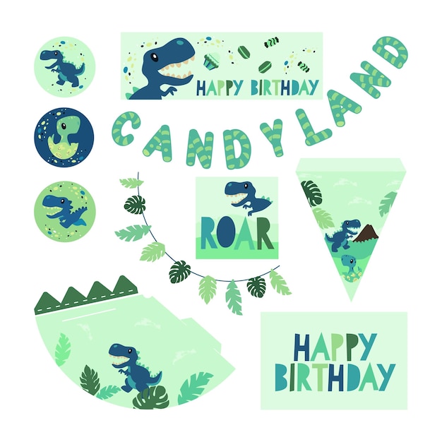 Vector set of images with dinosaurs for birthday celebration