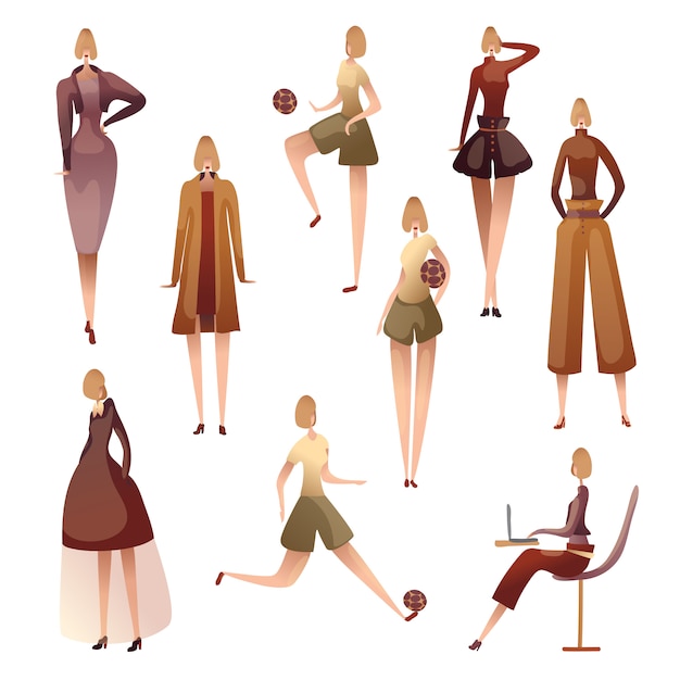 Vector set of images of women in various poses.  illustration on white background.