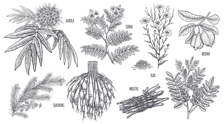 Vector set of imedical plants ashoka senna shatavari mulethi flax arjuna