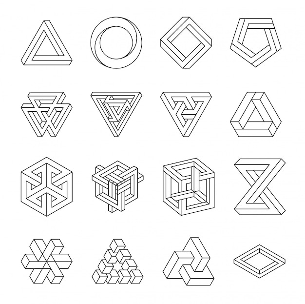 Set of impossible shapes. optical illusion. vector illustration isolated on white. sacred geometry.