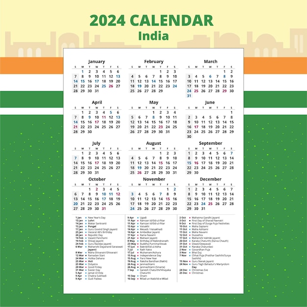 Set of India Calendar 2024 template vector with public holiday New delhi 12 month date