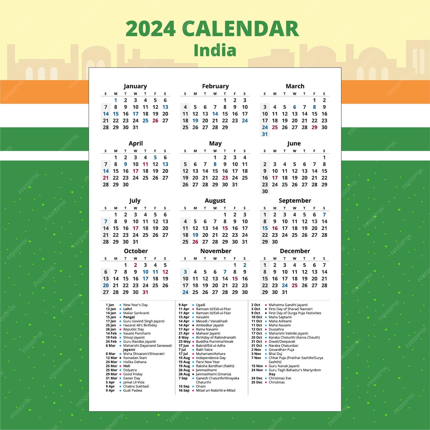 Premium Vector Set of india calendar 2024 template vector with public