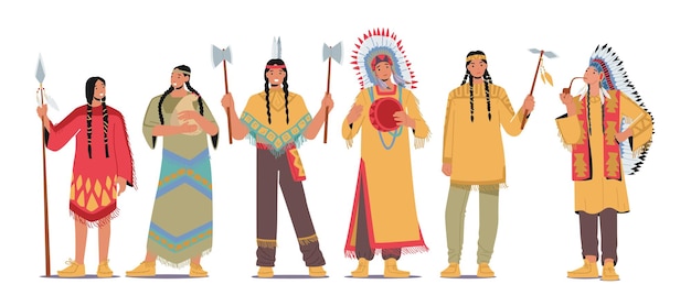 Vector set of indian american indigenous characters isolated warriors men women and chief native aboriginal persons