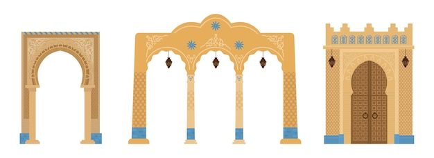 Set of indian archs with mosaics, lanterns. middle east architecture elements.