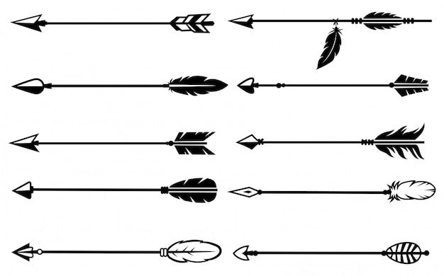 Vector set of indian arrows. collection of various ethnic tribal arrows with feather.