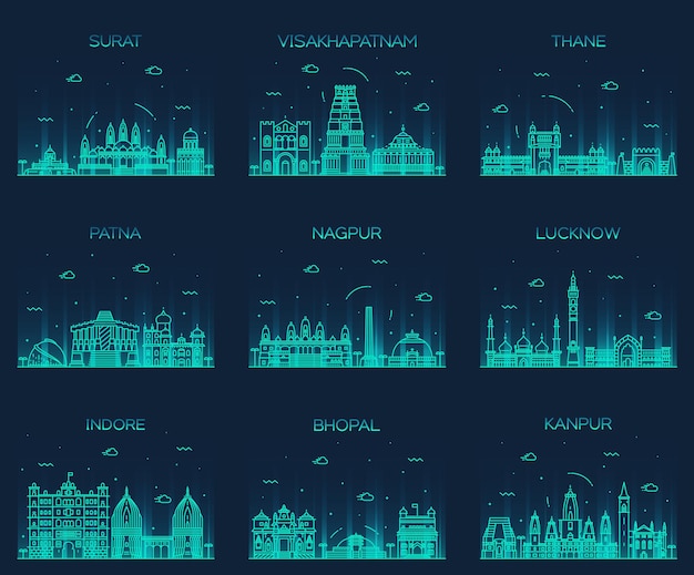 인도 도시 스카이 라인의 집합입니다. 뭄바이, 델리, 자이푸르, 콜카타, 하이데라바드, 아마다바드, 푸네, 첸나이
