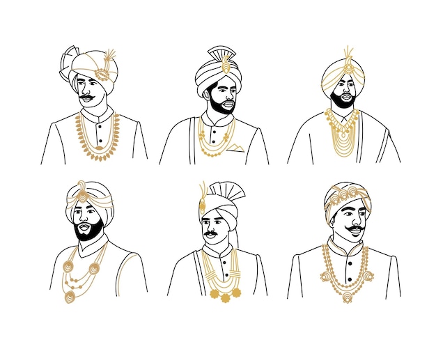 Set of indian men in traditional clothes Hand drawn vector illustration