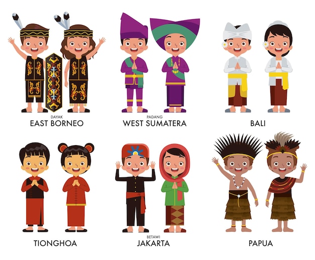 Vettore set di illustrazione di bambini indonesiani che indossano abiti tradizionali da bali west sumatra borneo