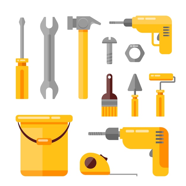 Vector set of industrial equipment service tools industry hand drawn flat style collection