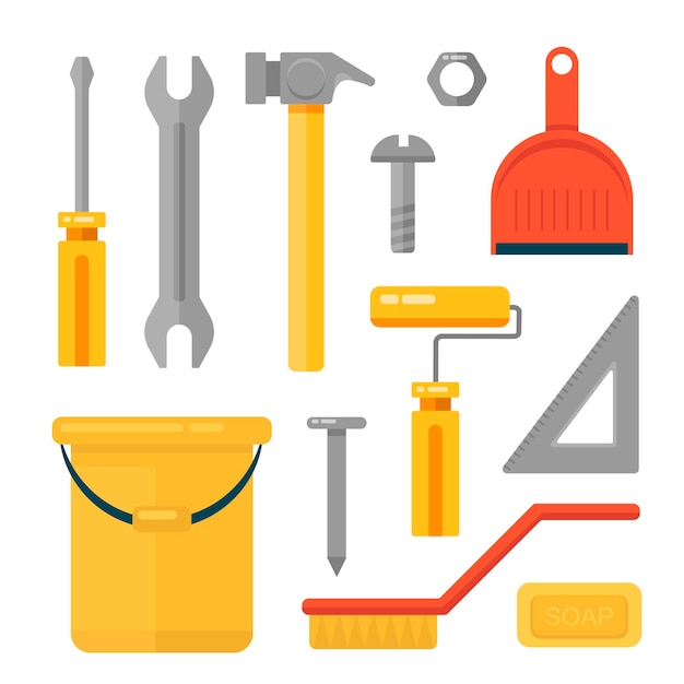 Set of industrial equipment Service tools Industry hand drawn flat style collection