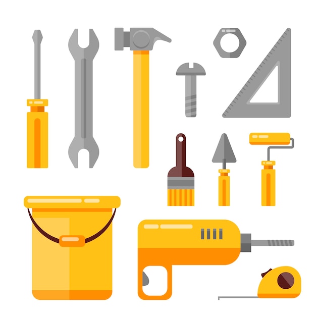 Vector set of industrial equipment service tools industry hand drawn flat style collection