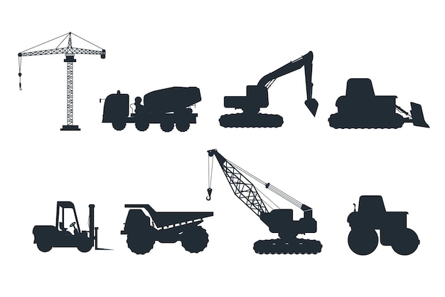 set of industrial heavy machinery silhouette transportation isolated on white background