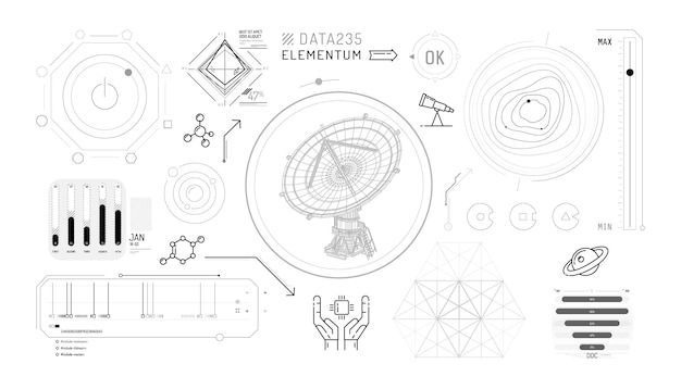 Set of infographic elements about radio astronomy and space observation