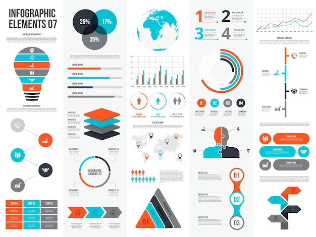 Set of the infographic elements. lightbulb, earth, arrows, charts, cycle and timelines.