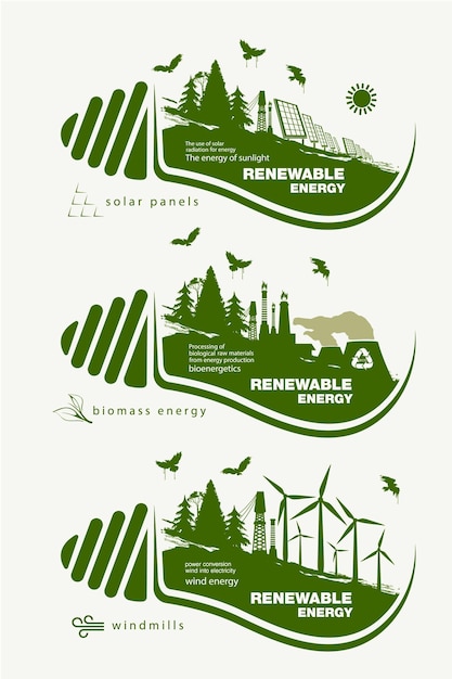 Set infographic illustraties van hernieuwbare energiebronnen van de aarde, water en wind