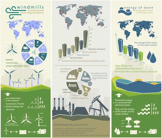 Set di illustrazioni infografiche di fonti di energia rinnovabile della terra, acqua e vento