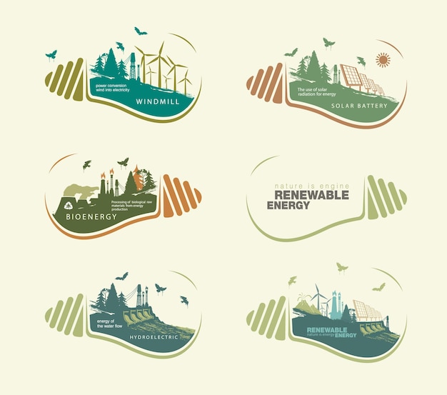 Набор инфографических иллюстраций возобновляемых источников энергии земли, воды и ветра.