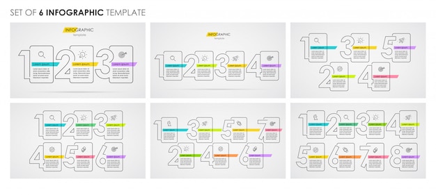 아이콘 및 3, 4, 5, 6, 7, 8 옵션 또는 단계 Infographic 선 디자인의 집합입니다. 사업 개념.