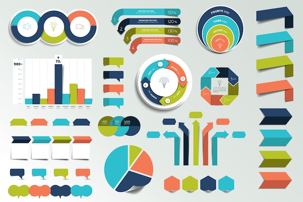 Набор инфографических элементов, диаграмм, диаграмм, круговых диаграмм, диаграмм, речевых пузырей, плоского и трехмерного дизайна.