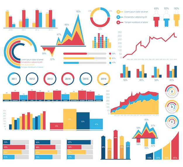 Set for infographics various design elements with bar or circle area filling