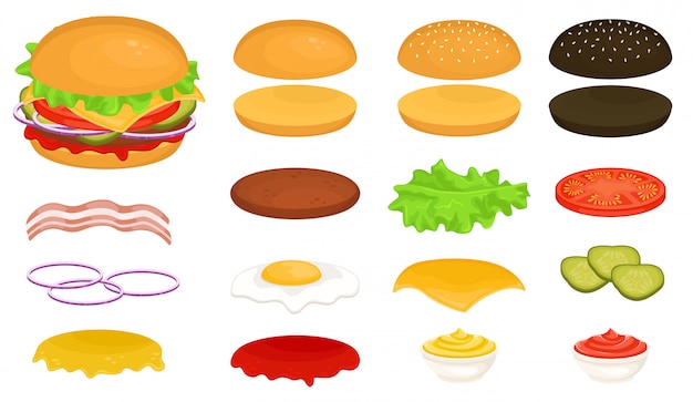 Vettore set di ingredienti per un hamburger. prepara il tuo burger. illustrazione di fast food.