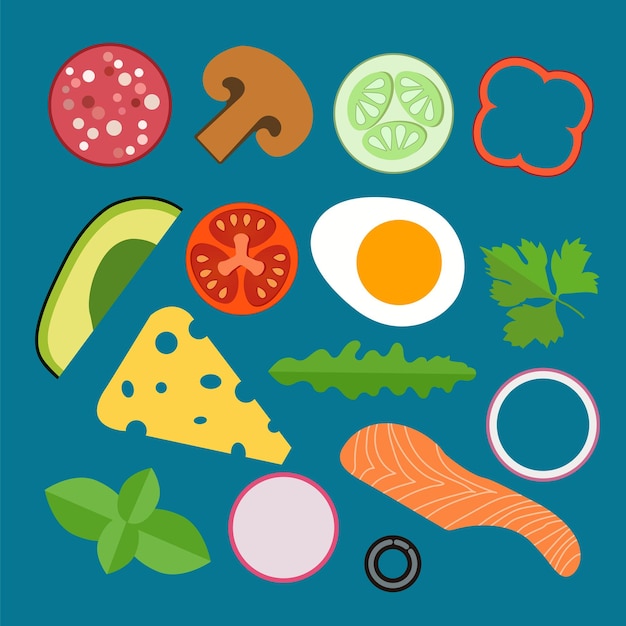 A set of ingredients for a burger and a sandwich.vector illustration cartoon flat icons collection