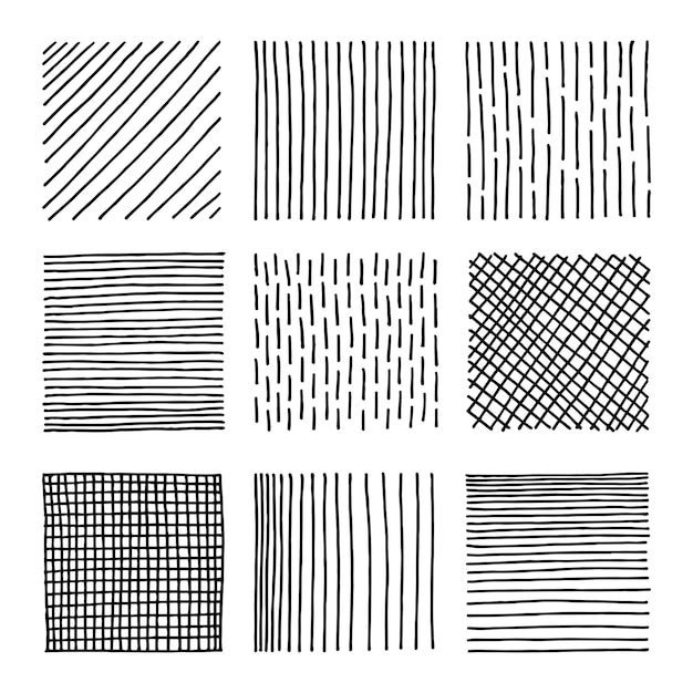 Set di elementi di disegno vettoriale disegnati a mano con inchiostro. linee con diversa densità e pendenza. sfondo astratto.